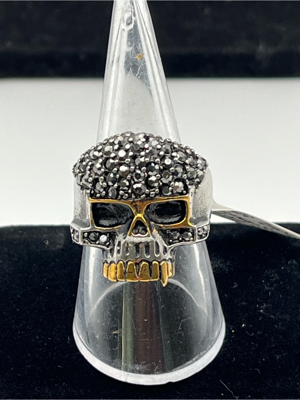 Stainless Steel, Skull Statement Ring with Black CZ Top and Gold Accents